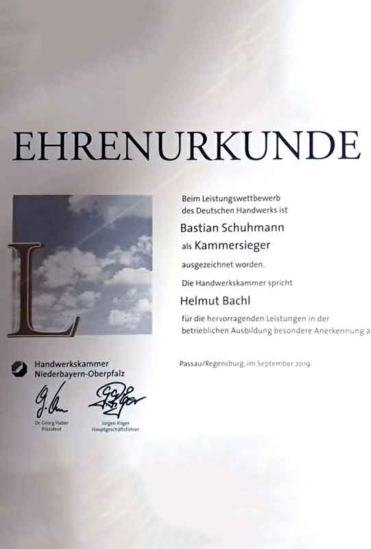 Ehrenurkunde für Schuhmann Isoliertechnik aus Straubing im Bereich Isoliertechnik und Handwerk