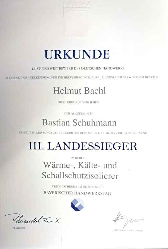 Auszeichnung als Landessieger im Isolierer-Handwerk – Schuhmann Isoliertechnik Straubing