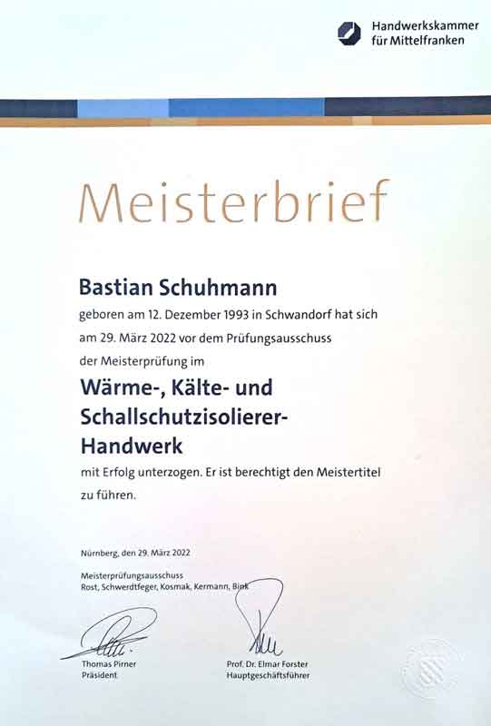Meisterbrief von Bastian Schuhmann im Isolierer-Handwerk in Straubing
