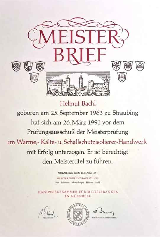 Meisterbrief von Helmut Bachl im Bereich Isoliertechnik und Brandschutz