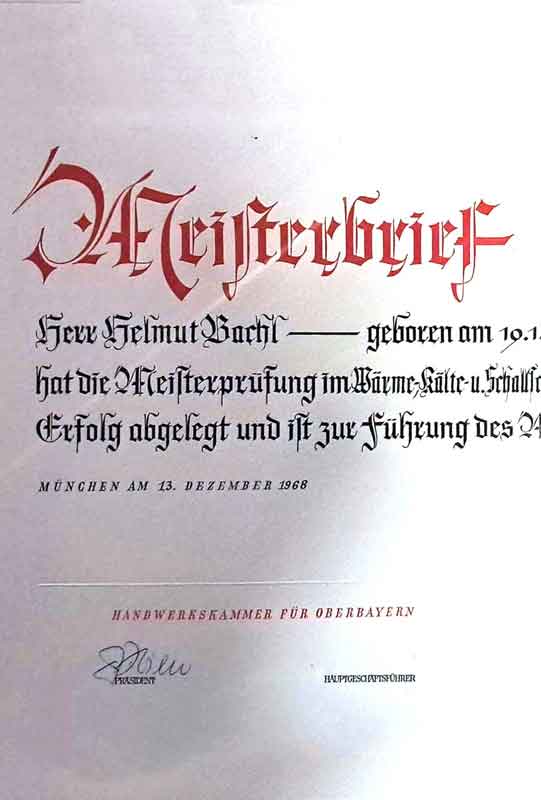 Meisterbrief von Helmut Bachl senior im Isolierer-Handwerk in Straubing